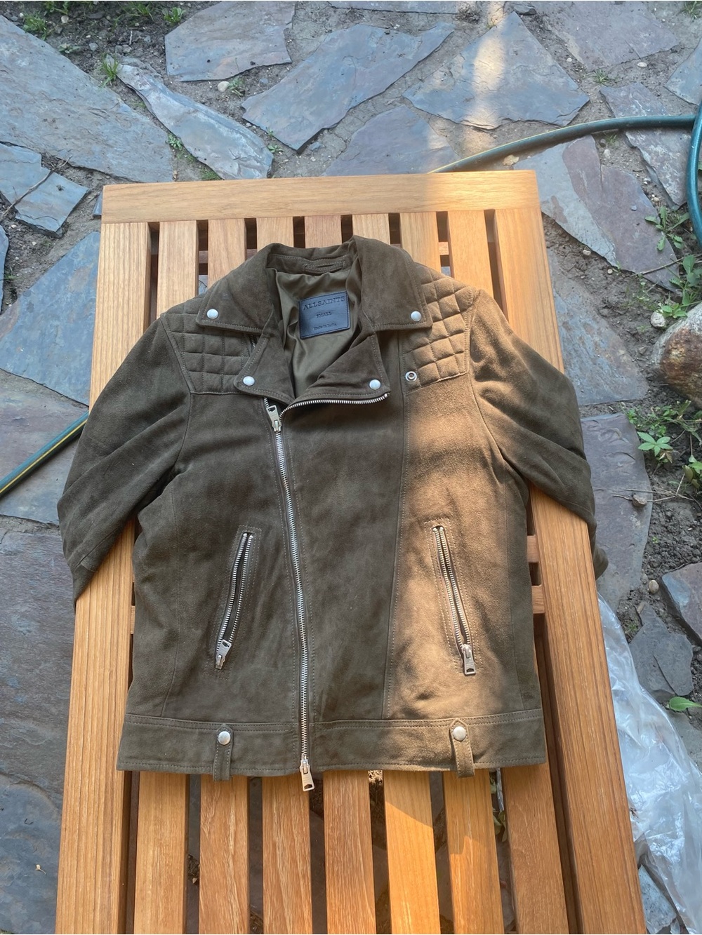 AllSaints Olive Green Suede Jacket with Leather Logo Patch